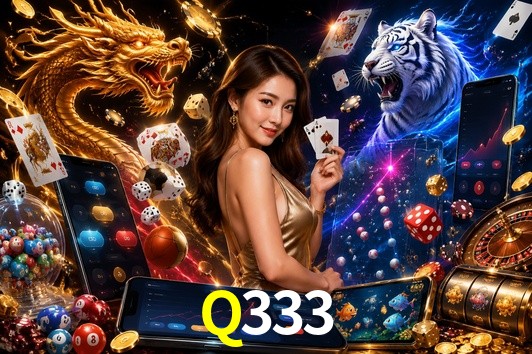 Una escena digital vívida inspirada en casino con Q333 mostrado prominentemente, luces brillantes, fichas, cartas y acentos dorados.