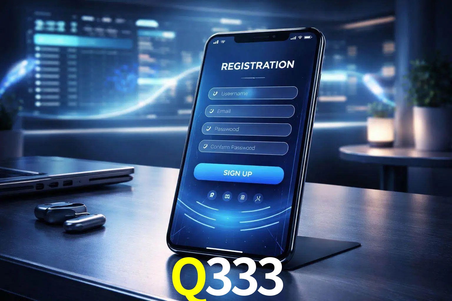 Una interfaz moderna de registro móvil para Q333 mostrada en un smartphone con un panel de apuestas elegante.